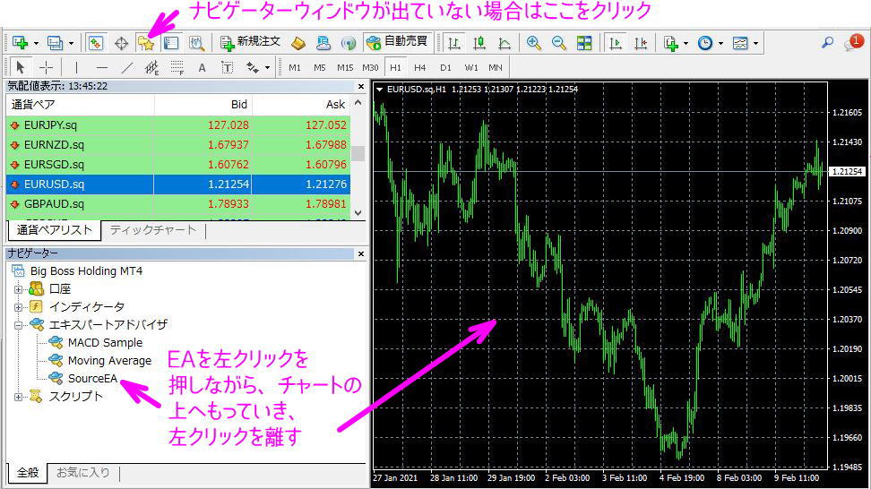 EAをドラッグしてチャートへ入れる