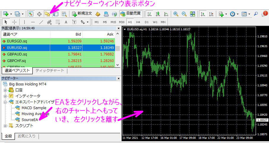EAをドラッグしてチャートへ入れる