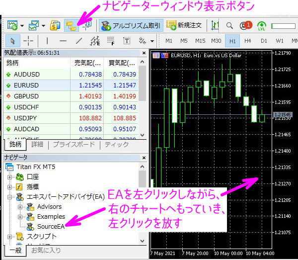 EAをドラッグしてチャートへ入れる