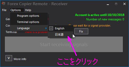 Optionから日本語を選択