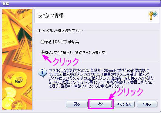 はい。すでに購入し、登録キーが必要ですにチェックを入れ、次へ