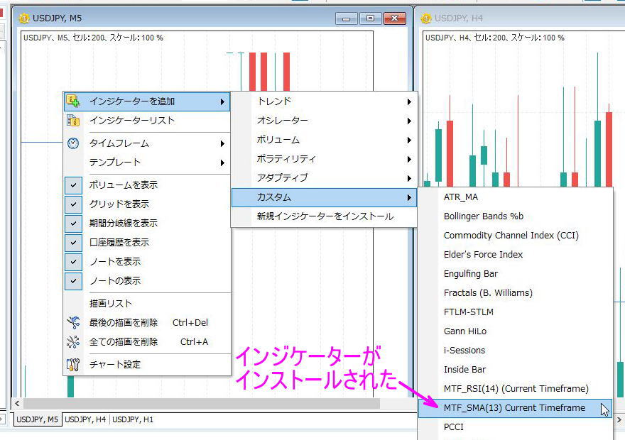 カスタムの中に新規
インジケーターはインストールされる